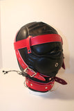 Locking Padded Leather Sensory Deprivation Hood - Red & Black