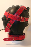 Locking Padded Leather Sensory Deprivation Hood - Red & Black