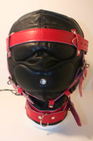 Locking Padded Leather Sensory Deprivation Hood - Red & Black