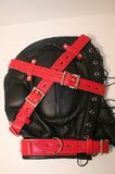 Locking Padded Leather Sensory Deprivation Hood - Red & Black