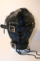 Locking Imitation Leather Sensory Deprivation Hood with Open Mouth Plug Gag - Black