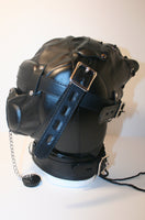 Locking Imitation Leather Sensory Deprivation Hood with Open Mouth Plug Gag - Black