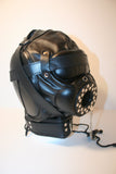 Locking Imitation Leather Sensory Deprivation Hood with Open Mouth Plug Gag - Black