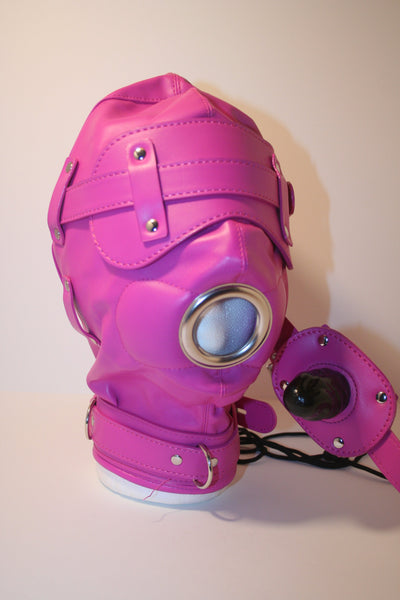 Locking Padded Imitation Leather Hood w/ Removable Blindfold & Penis Gag - Hot Pink