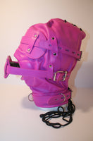 Locking Padded Imitation Leather Hood w/ Removable Blindfold & Penis Gag - Hot Pink