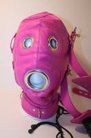 Locking Padded Imitation Leather Hood w/ Removable Blindfold & Penis Gag - Hot Pink