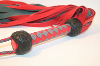 Red & Gray Suede leather flogger with 50 falls - Braided turks head detail