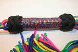 Rainbow & Tye Dye colored paracord flogger with 60 BB weighted falls. Handle detail.