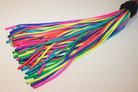 Rainbow & Tye Dye colored paracord flogger with 60 BB weighted falls. Detail of falls.