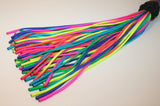 Rainbow & Tye Dye colored paracord flogger with 60 BB weighted falls. Detail of falls.